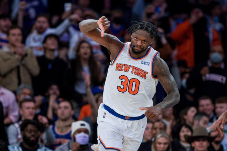 Jan 6, 2022; New York, New York, USA; New York Knicks forward Julius Randle (30) gestures after making a basket against the Boston Celtics during the second half at Madison Square Garden. Mandatory Credit: Vincent Carchietta-USA TODAY Sports