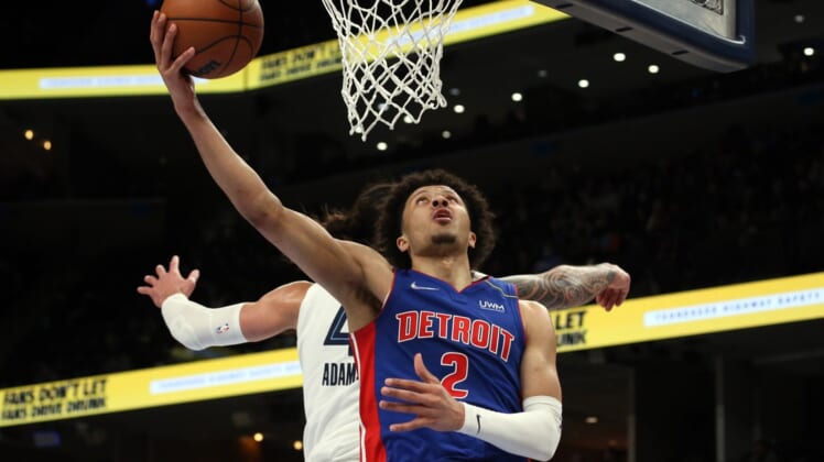 Jan 6, 2022; Memphis, Tennessee, USA; Detroit Pistons guard Cade Cunningham (2) drives to the basket during the first half against the Memphis Grizzles at FedExForum. Mandatory Credit: Petre Thomas-USA TODAY Sports