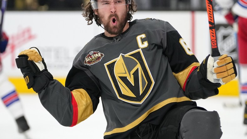 Jan 6, 2022; Las Vegas, Nevada, USA; Vegas Golden Knights right wing Mark Stone (61) celebrates after scoring a second period goal against the New York Rangers at T-Mobile Arena. Mandatory Credit: Stephen R. Sylvanie-USA TODAY Sports