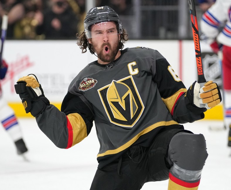 Jan 6, 2022; Las Vegas, Nevada, USA; Vegas Golden Knights right wing Mark Stone (61) celebrates after scoring a second period goal against the New York Rangers at T-Mobile Arena. Mandatory Credit: Stephen R. Sylvanie-USA TODAY Sports