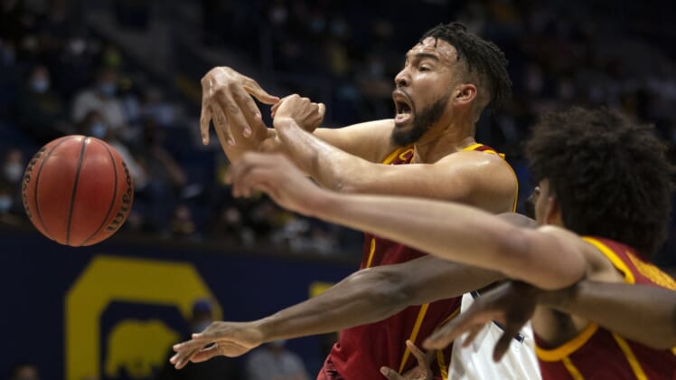 Jan 6, 2022; Berkeley, California, USA; Southern California Trojans forward Isaiah Mobley (3) loses control of the ball against the California Golden Bears during the first half at Haas Pavilion. Mandatory Credit: D. Ross Cameron-USA TODAY Sports