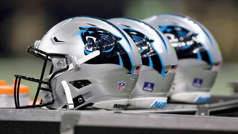 Jan 2, 2022; New Orleans, Louisiana, USA; Carolina Panthers helmets on the sidelines in the second quarter of their game against the Carolina Panthers at the Caesars Superdome. Mandatory Credit: Chuck Cook-USA TODAY Sports