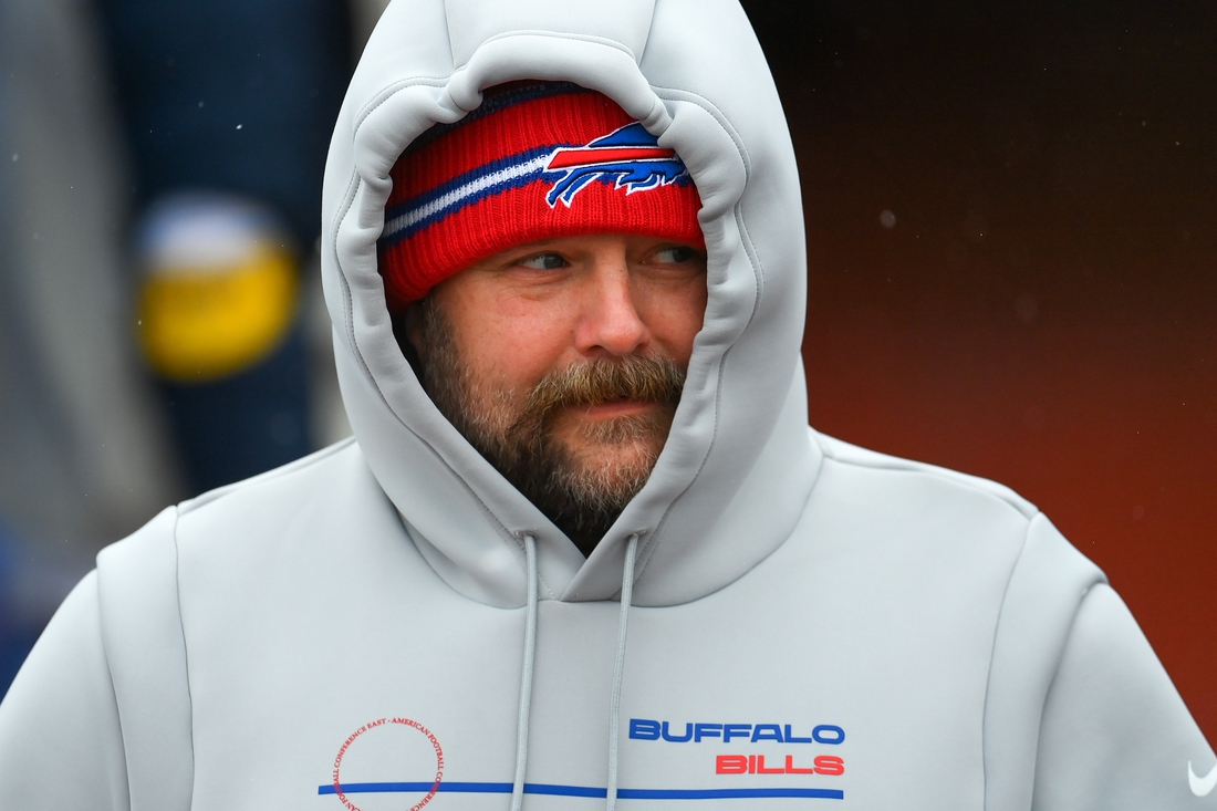 Jan 2, 2022; Orchard Park, New York, USA; Buffalo Bills offensive coordinator Brian Daboll prior to the game against the Atlanta Falcons at Highmark Stadium. Mandatory Credit: Rich Barnes-USA TODAY Sports