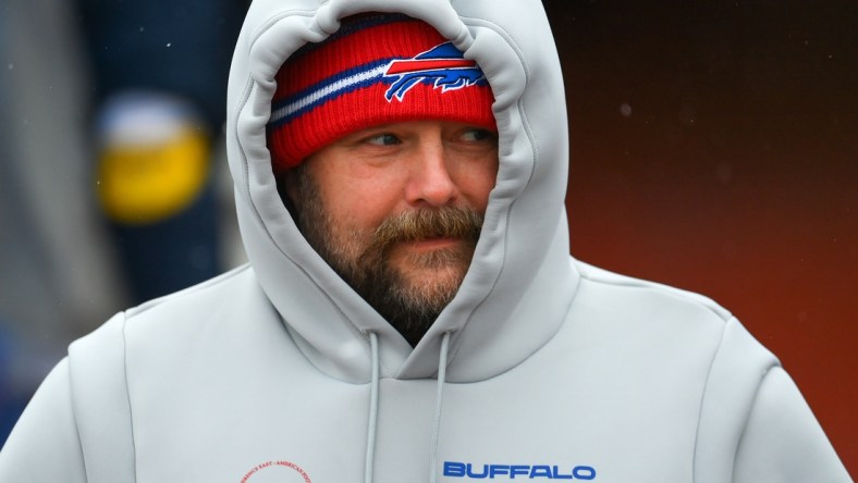 Jan 2, 2022; Orchard Park, New York, USA; Buffalo Bills offensive coordinator Brian Daboll prior to the game against the Atlanta Falcons at Highmark Stadium. Mandatory Credit: Rich Barnes-USA TODAY Sports