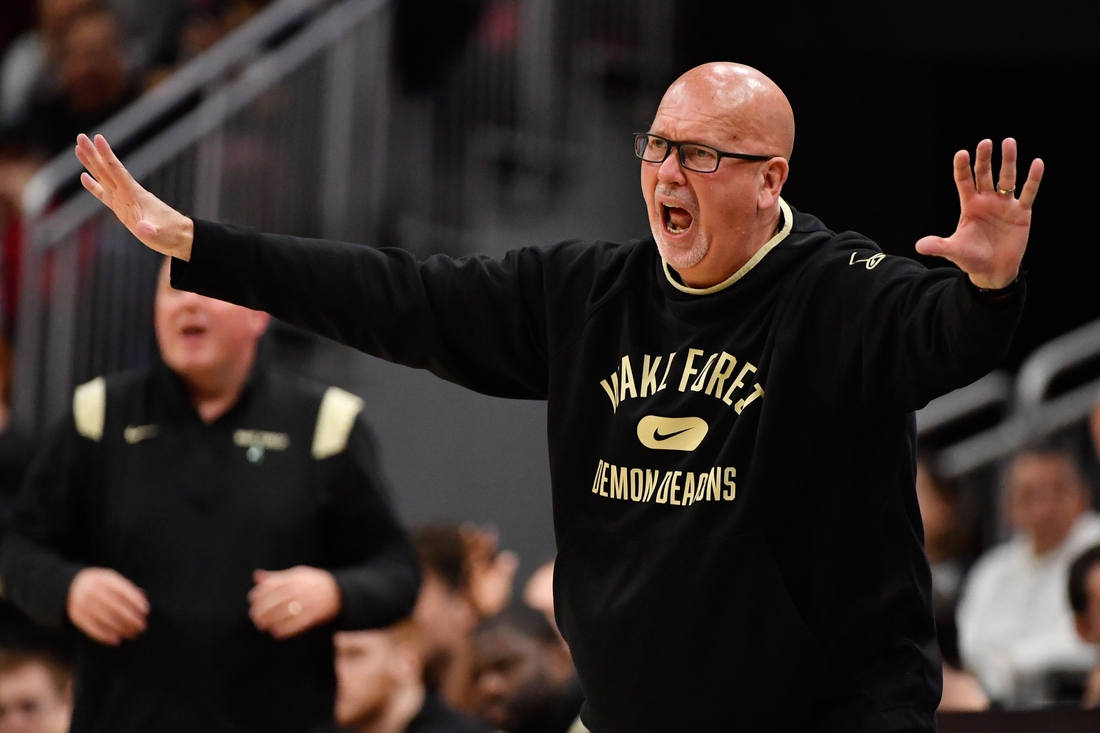 Dec 29, 2021; Louisville, Kentucky, USA;  Wake Forest Demon Deacons head coach Steve Forbes reacts during the second half against the Louisville Cardinals at KFC Yum! Center. Louisville defeated Wake Forest 73-69. Mandatory Credit: Jamie Rhodes-USA TODAY Sports