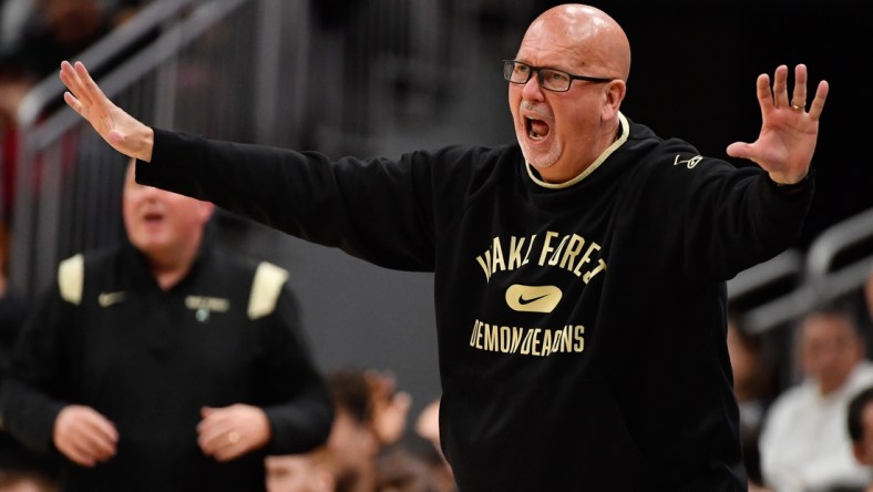 Dec 29, 2021; Louisville, Kentucky, USA;  Wake Forest Demon Deacons head coach Steve Forbes reacts during the second half against the Louisville Cardinals at KFC Yum! Center. Louisville defeated Wake Forest 73-69. Mandatory Credit: Jamie Rhodes-USA TODAY Sports