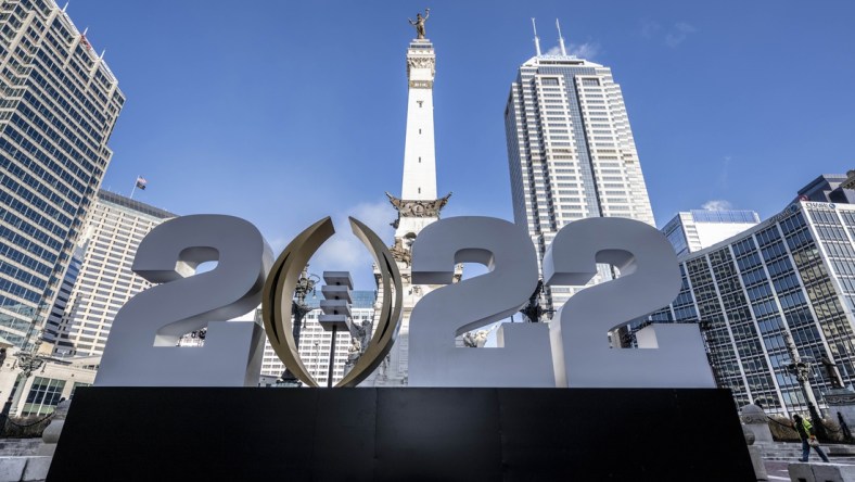 Jan 7, 2022; Indianapolis, Indiana, USA;  A large 2022 College Football Playoff national championship logo is in place on monument circle.  Mandatory Credit: Marc Lebryk-USA TODAY Sports