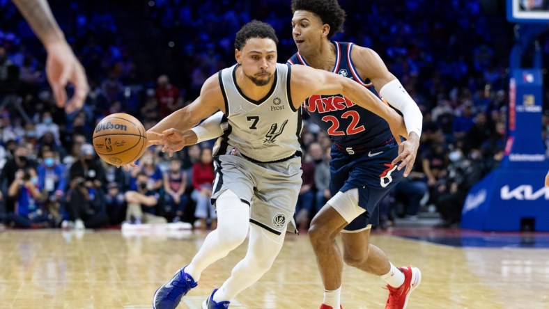 Jan 7, 2022; Philadelphia, Pennsylvania, USA; San Antonio Spurs guard Bryn Forbes (7) dribbles the ball against Philadelphia 76ers guard Matisse Thybulle (22) during the second quarter at Wells Fargo Center. Mandatory Credit: Bill Streicher-USA TODAY Sports