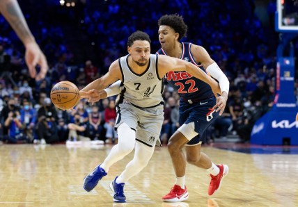 Jan 7, 2022; Philadelphia, Pennsylvania, USA; San Antonio Spurs guard Bryn Forbes (7) dribbles the ball against Philadelphia 76ers guard Matisse Thybulle (22) during the second quarter at Wells Fargo Center. Mandatory Credit: Bill Streicher-USA TODAY Sports