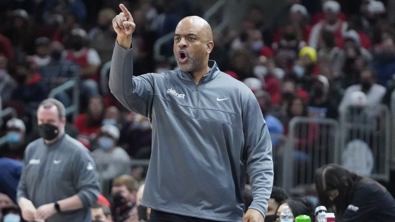 Jan 7, 2022; Chicago, Illinois, USA; Washington Wizards head coach Wes Unseld Jr. gestures to his team during the first half at United Center. Mandatory Credit: David Banks-USA TODAY Sports