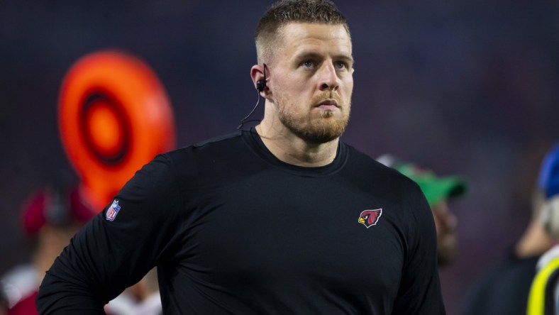 Dec 13, 2021; Glendale, Arizona, USA; Arizona Cardinals defensive end J.J. Watt against the Los Angeles Rams at State Farm Stadium. Mandatory Credit: Mark J. Rebilas-USA TODAY Sports