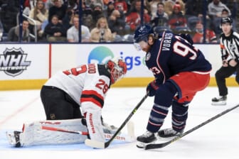 Jan 8, 2022; Columbus, Ohio, USA;  New Jersey Devils goaltender Mackenzie Blackwood (29) makes a save in net against Columbus Blue Jackets right wing Jakub Voracek (93) in the second period at Nationwide Arena. Mandatory Credit: Aaron Doster-USA TODAY Sports