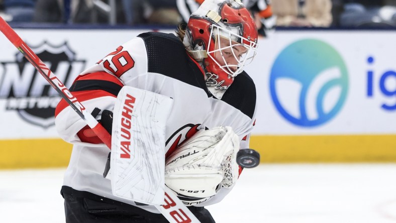 Jan 8, 2022; Columbus, Ohio, USA;  New Jersey Devils goaltender Mackenzie Blackwood (29) makes a save in net against the Columbus Blue Jackets in the second period at Nationwide Arena. Mandatory Credit: Aaron Doster-USA TODAY Sports