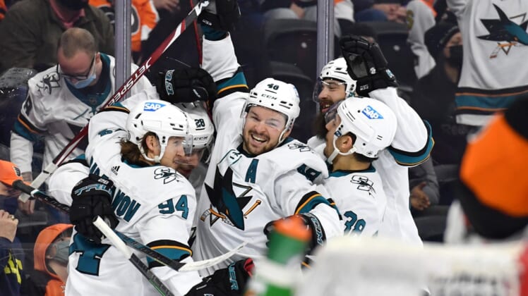 Jan 8, 2022; Philadelphia, Pennsylvania, USA; San Jose Sharks center Tomas Hertl (48) celebrates his second goal during the third period against the Philadelphia Flyers at Wells Fargo Center. He would score his third goal for the hat trick and the game-winner in overtime. Mandatory Credit: Eric Hartline-USA TODAY Sports