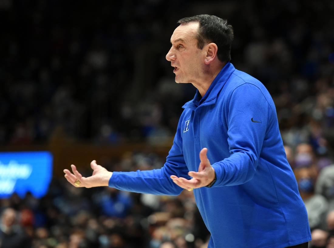 Jan 8, 2022; Durham, North Carolina, USA; Duke Blue Devils head coach Mike Krzyzewski reacts during the second half against the Miami Hurricanes at Cameron Indoor Stadium. Mandatory Credit: Rob Kinnan-USA TODAY Sports