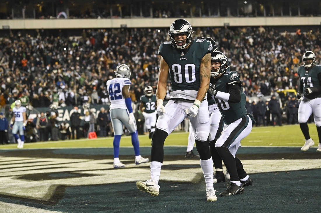 Jan 8, 2022; Philadelphia, Pennsylvania, USA;  Philadelphia Eagles tight end Tyree Jackson (80) celebrates after catching a touchdown during the game against the Dallas Cowboys at Lincoln Financial Field. Mandatory Credit: Tommy Gilligan-USA TODAY Sports