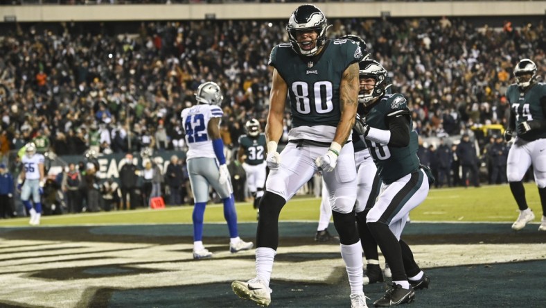 Jan 8, 2022; Philadelphia, Pennsylvania, USA;  Philadelphia Eagles tight end Tyree Jackson (80) celebrates after catching a touchdown during the game against the Dallas Cowboys at Lincoln Financial Field. Mandatory Credit: Tommy Gilligan-USA TODAY Sports