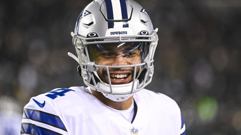 Jan 8, 2022; Philadelphia, Pennsylvania, USA;  Dallas Cowboys quarterback Dak Prescott (4) during the game against the Philadelphia Eagles at Lincoln Financial Field. Mandatory Credit: Tommy Gilligan-USA TODAY Sports