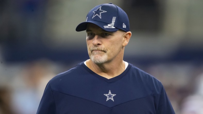 Oct 3, 2021; Arlington, Texas, USA; Dallas Cowboys defensive coordinator Dan Quinn against the Carolina Panthers at AT&T Stadium. Mandatory Credit: Mark J. Rebilas-USA TODAY Sports