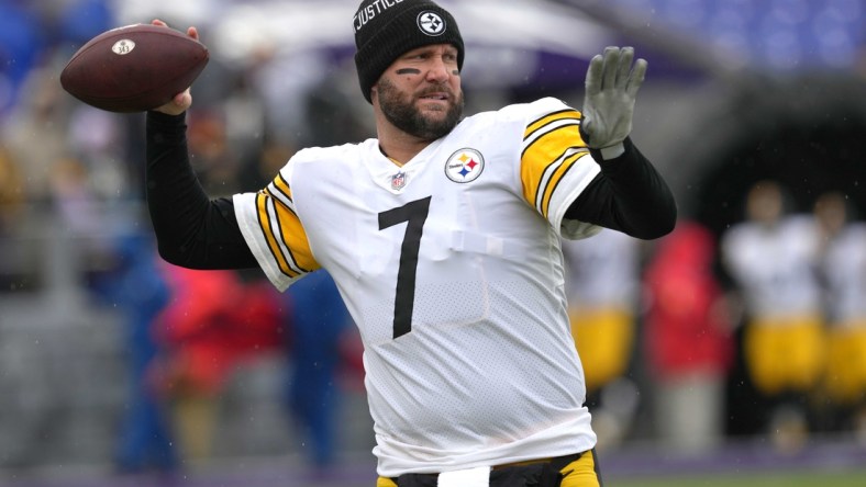 Jan 9, 2022; Baltimore, Maryland, USA; Pittsburgh Steelers quarterback Ben Roethlisberger (7) warms up prior to the game against the Baltimore Ravens at M&T Bank Stadium. Mandatory Credit: Mitch Stringer-USA TODAY Sports