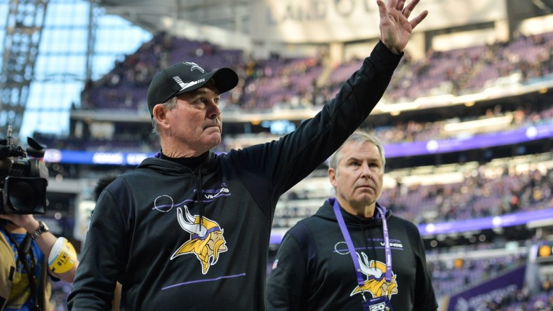 Jan 9, 2022; Minneapolis, Minnesota, USA; Minnesota Vikings head coach Mike Zimmer waves to the crowd after the game against the Chicago Bears at U.S. Bank Stadium. Mandatory Credit: Jeffrey Becker-USA TODAY Sports