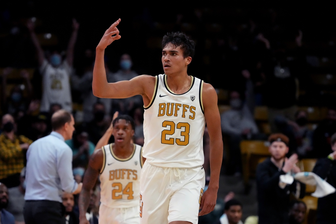 Jan 9, 2022; Boulder, Colorado, USA; Colorado Buffaloes forward Tristan da Silva (23) celebrates his three point score in the first half against the Washington Huskies at the CU Events Center. Mandatory Credit: Ron Chenoy-USA TODAY Sports