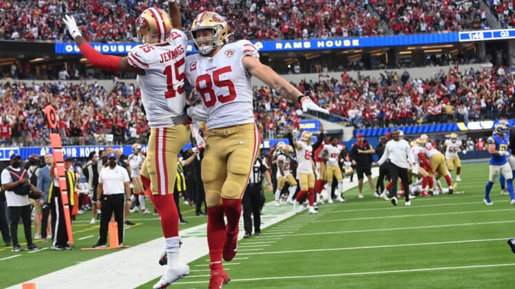 Jan 9, 2022; Inglewood, California, USA;  San Francisco 49ers wide receiver Jauan Jennings (15) celebrates with tight end George Kittle (85) after catching a touchdown pass in the end zone in the third quarter of the game against the Los Angeles Rams at SoFi Stadium. Mandatory Credit: Jayne Kamin-Oncea-USA TODAY Sports
