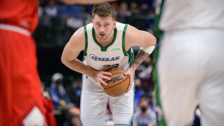 Jan 9, 2022; Dallas, Texas, USA; Dallas Mavericks guard Luka Doncic (77) looks to set the play against the Chicago Bulls during the second half at the American Airlines Center. Mandatory Credit: Jerome Miron-USA TODAY Sports