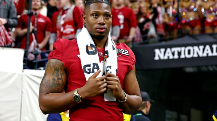 Jan 10, 2022; Indianapolis, IN, USA; Alabama Crimson Tide wide receiver Jameson Williams (1) on the sidelines during the second half after the game in the 2022 CFP college football national championship game at Lucas Oil Stadium. Mandatory Credit: Mark J. Rebilas-USA TODAY Sports