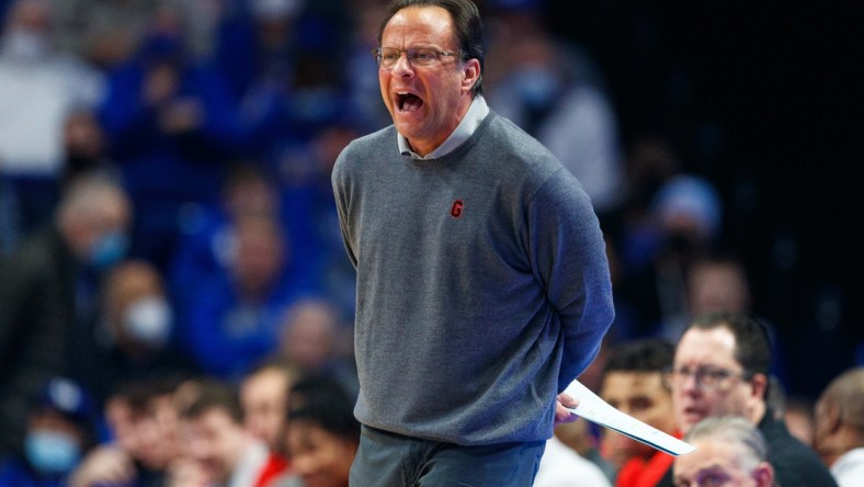 Jan 8, 2022; Lexington, Kentucky, USA; Georgia Bulldogs head coach Tom Crean yells to his players during the first half against the Kentucky Wildcats at Rupp Arena at Central Bank Center. Mandatory Credit: Jordan Prather-USA TODAY Sports