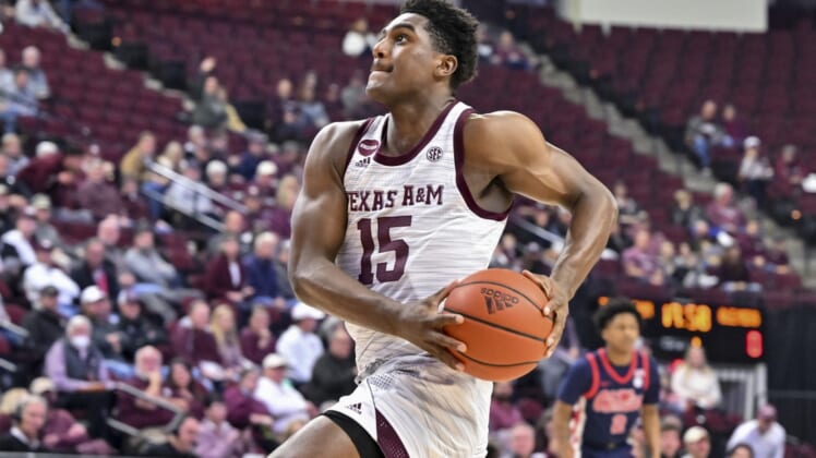 Jan 11, 2022; College Station, Texas, USA;  Texas A&M Aggies forward Henry Coleman III (15) drives to the basket against the Mississippi Rebels at Reed Arena. Mandatory Credit: Maria Lysaker-USA TODAY Sports