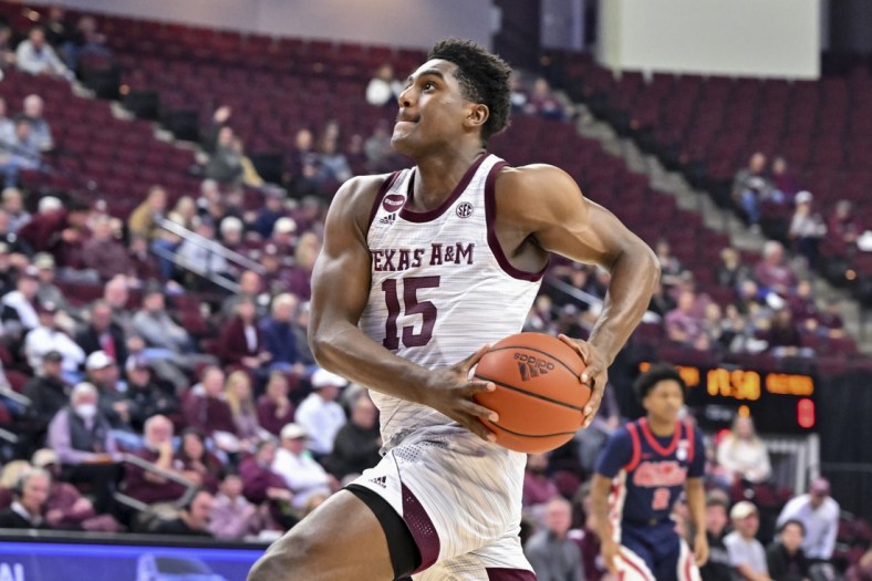 Jan 11, 2022; College Station, Texas, USA;  Texas A&M Aggies forward Henry Coleman III (15) drives to the basket against the Mississippi Rebels at Reed Arena. Mandatory Credit: Maria Lysaker-USA TODAY Sports