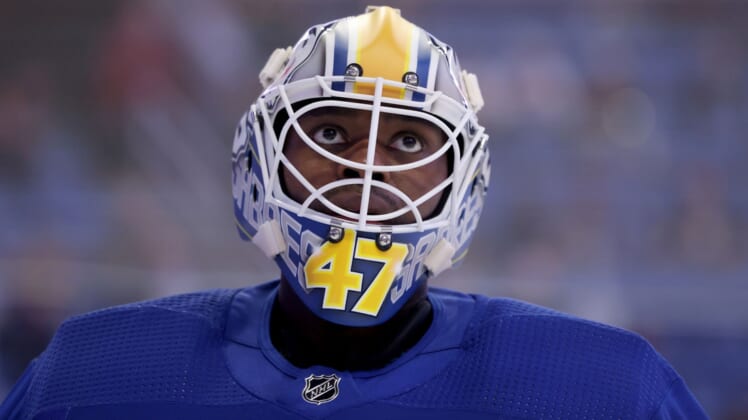 Jan 11, 2022; Buffalo, New York, USA; Buffalo Sabres goaltender Malcolm Subban (47) looks on during a stoppage in play against the Tampa Bay Lightning during the third period at KeyBank Center. Mandatory Credit: Timothy T. Ludwig-USA TODAY Sports