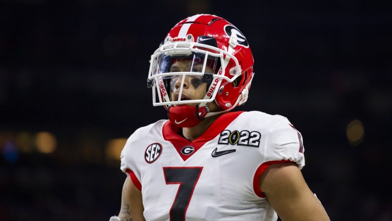 Jan 10, 2022; Indianapolis, IN, USA; Georgia Bulldogs wide receiver Jermaine Burton (7) against the Alabama Crimson Tide in the 2022 CFP college football national championship game at Lucas Oil Stadium. Mandatory Credit: Mark J. Rebilas-USA TODAY Sports