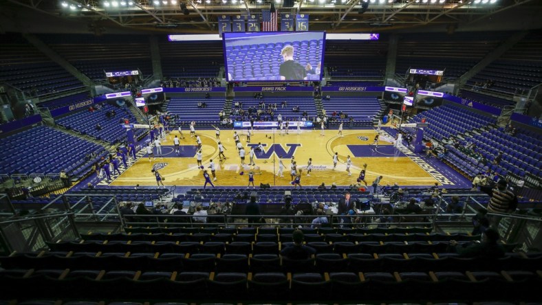 Jan 12, 2022; Seattle, Washington, USA; A general view of Alaska Airlines Arena at Hec Edmundson Pavilion before a game between the California Bears and Washington Huskies. Mandatory Credit: Joe Nicholson-USA TODAY Sports