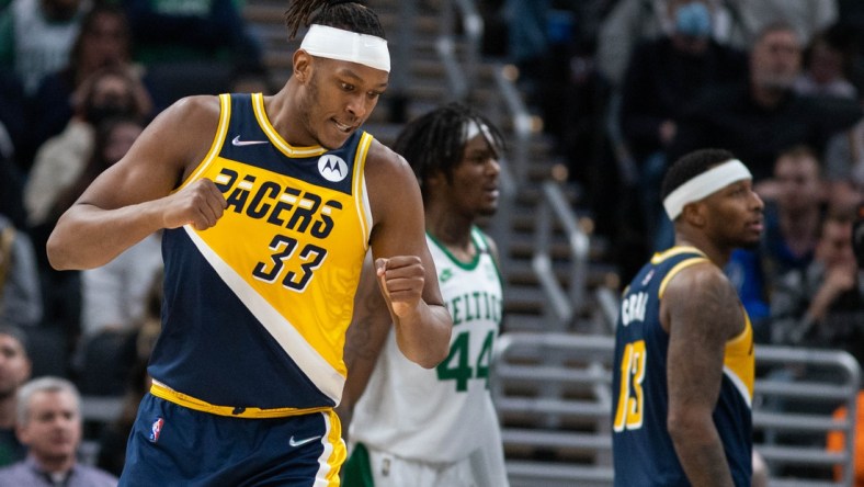 Jan 12, 2022; Indianapolis, Indiana, USA; Indiana Pacers center Myles Turner (33) reacts to basket in the second half against the Boston Celtics at Gainbridge Fieldhouse. Mandatory Credit: Trevor Ruszkowski-USA TODAY Sports