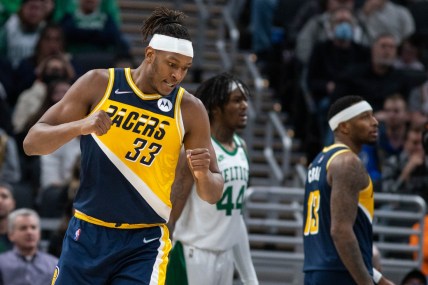 Jan 12, 2022; Indianapolis, Indiana, USA; Indiana Pacers center Myles Turner (33) reacts to basket in the second half against the Boston Celtics at Gainbridge Fieldhouse. Mandatory Credit: Trevor Ruszkowski-USA TODAY Sports
