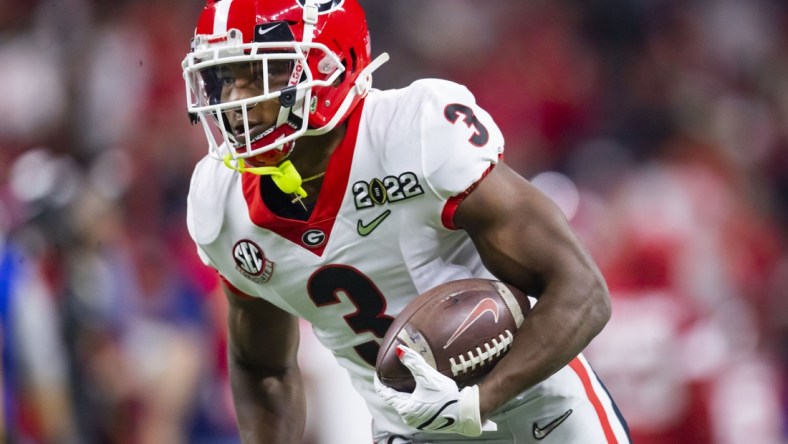 Jan 10, 2022; Indianapolis, IN, USA; Georgia Bulldogs running back Zamir White (3) against the Alabama Crimson Tide in the 2022 CFP college football national championship game at Lucas Oil Stadium. Mandatory Credit: Mark J. Rebilas-USA TODAY Sports