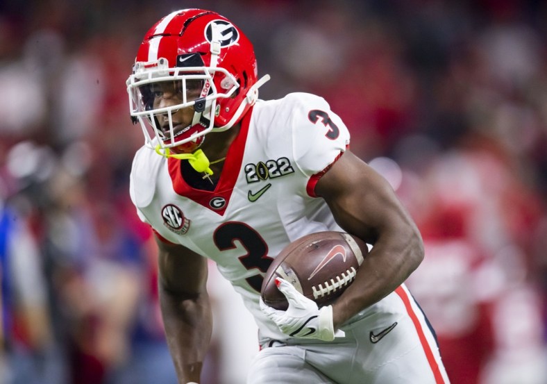 Jan 10, 2022; Indianapolis, IN, USA; Georgia Bulldogs running back Zamir White (3) against the Alabama Crimson Tide in the 2022 CFP college football national championship game at Lucas Oil Stadium. Mandatory Credit: Mark J. Rebilas-USA TODAY Sports