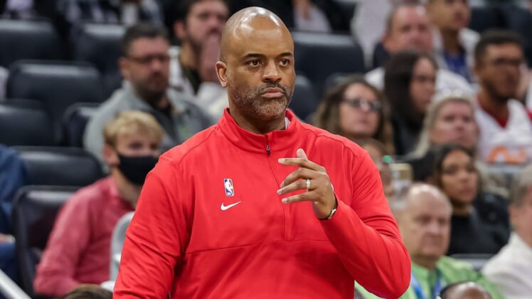 Jan 9, 2022; Orlando, Florida, USA; Washington Wizards head coach Wes Unseld looks on during the second quarter against the Orlando Magic at Amway Center. Mandatory Credit: Mike Watters-USA TODAY Sports