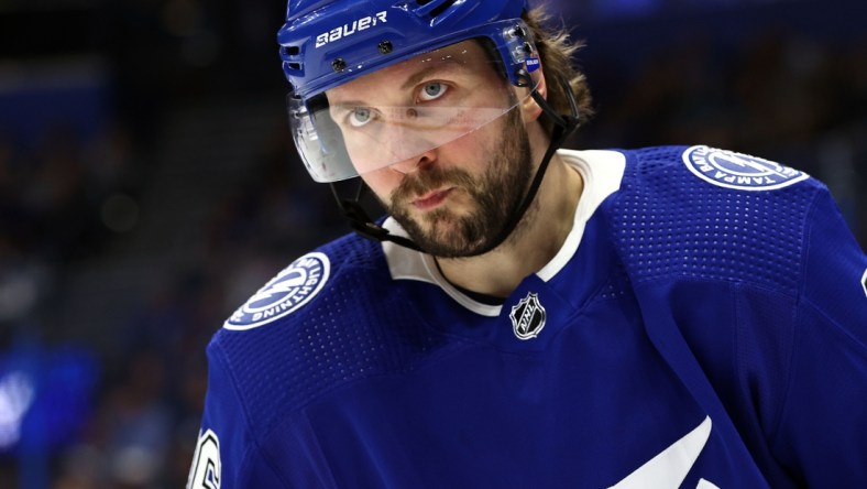 Jan 13, 2022; Tampa, Florida, USA;Tampa Bay Lightning right wing Nikita Kucherov (86) looks on against the Vancouver Canucks during the first period at Amalie Arena. Mandatory Credit: Kim Klement-USA TODAY Sports