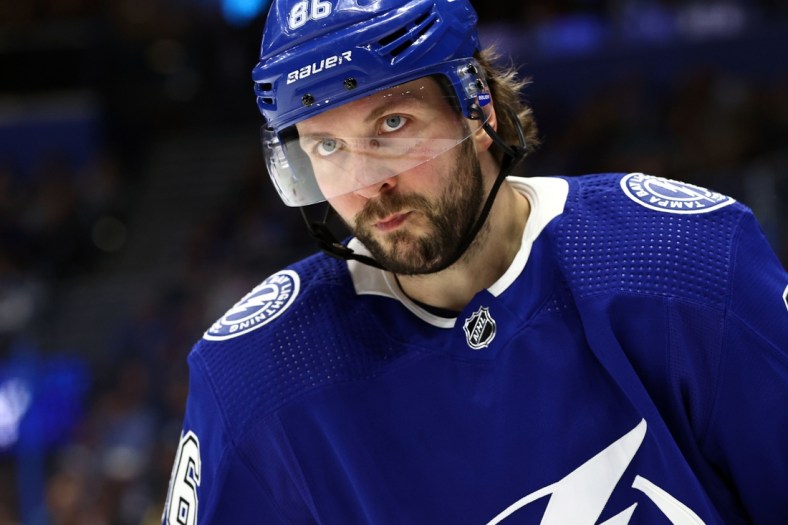 Jan 13, 2022; Tampa, Florida, USA;Tampa Bay Lightning right wing Nikita Kucherov (86) looks on against the Vancouver Canucks during the first period at Amalie Arena. Mandatory Credit: Kim Klement-USA TODAY Sports