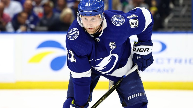 Jan 13, 2022; Tampa, Florida, USA;Tampa Bay Lightning center Steven Stamkos (91) looks on against the Vancouver Canucks during the second period at Amalie Arena. Mandatory Credit: Kim Klement-USA TODAY Sports