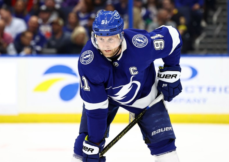 Jan 13, 2022; Tampa, Florida, USA;Tampa Bay Lightning center Steven Stamkos (91) looks on against the Vancouver Canucks during the second period at Amalie Arena. Mandatory Credit: Kim Klement-USA TODAY Sports