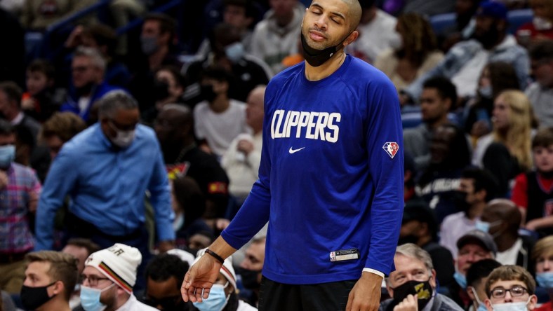 Jan 13, 2022; New Orleans, Louisiana, USA;  LA Clippers forward Nicolas Batum (33) reacts to a play against New Orleans Pelicans  during the second half at the Smoothie King Center. Mandatory Credit: Stephen Lew-USA TODAY Sports