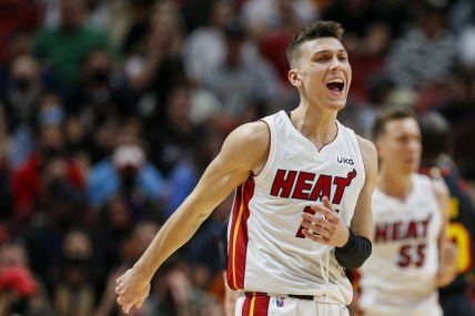 Jan 14, 2022; Miami, Florida, USA; Miami Heat guard Tyler Herro (14) reacts on the court during the second quarter of the game against the Atlanta Hawks at FTX Arena. Mandatory Credit: Sam Navarro-USA TODAY Sports