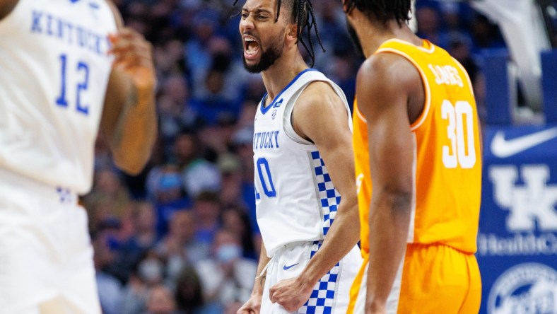 Jan 15, 2022; Lexington, Kentucky, USA; Kentucky Wildcats guard Davion Mintz (10) celebrates during the first half against the Tennessee Volunteers at Rupp Arena at Central Bank Center. Mandatory Credit: Jordan Prather-USA TODAY Sports