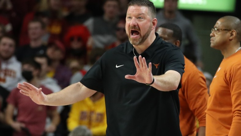 Jan 15, 2022; Ames, Iowa, USA; Texas Longhorns head coach Chris Beard watches his team play the Iowa State Cyclones at James H. Hilton Coliseum. The Cyclones win 79 to 70. Mandatory Credit: Reese Strickland-USA TODAY Sports