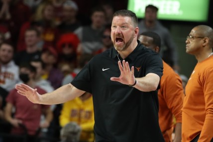 Jan 15, 2022; Ames, Iowa, USA; Texas Longhorns head coach Chris Beard watches his team play the Iowa State Cyclones at James H. Hilton Coliseum. The Cyclones win 79 to 70. Mandatory Credit: Reese Strickland-USA TODAY Sports