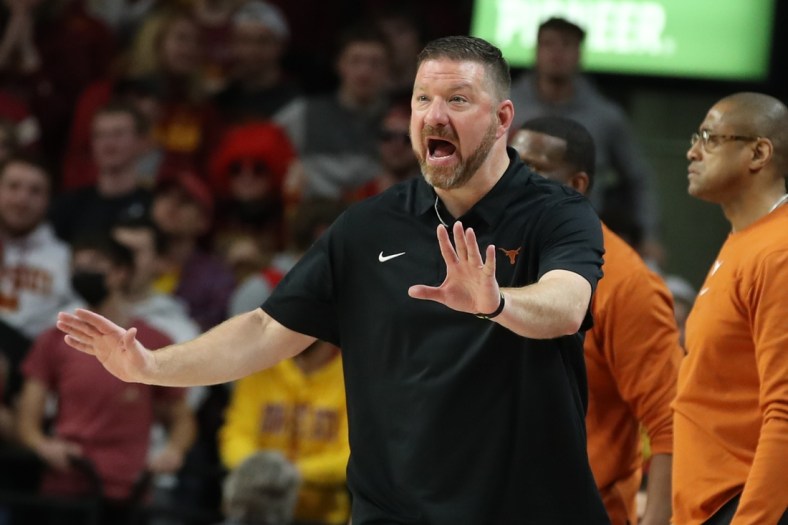 Jan 15, 2022; Ames, Iowa, USA; Texas Longhorns head coach Chris Beard watches his team play the Iowa State Cyclones at James H. Hilton Coliseum. The Cyclones win 79 to 70. Mandatory Credit: Reese Strickland-USA TODAY Sports